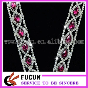 Gold Metal Crystal Rhinestone Chain Fuchsia Drop shaped Costume Trim Sewing Applique