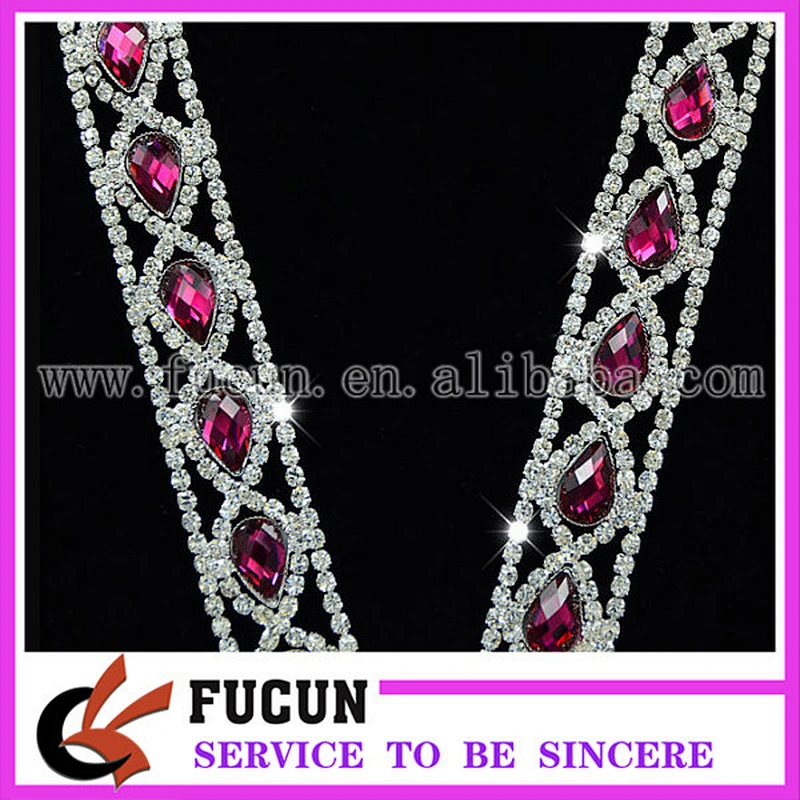 Gold Metal Crystal Rhinestone Chain Fuchsia Drop shaped Costume Trim Sewing Applique