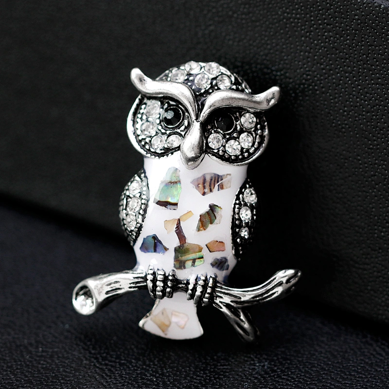 custom antique silver animal brooch shell decorative rhinestone owl brooch pin