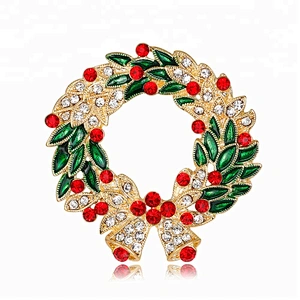 Factory Enamel Crystal Red Rhinestone Christmas Wreath Brooch with Hang Bell