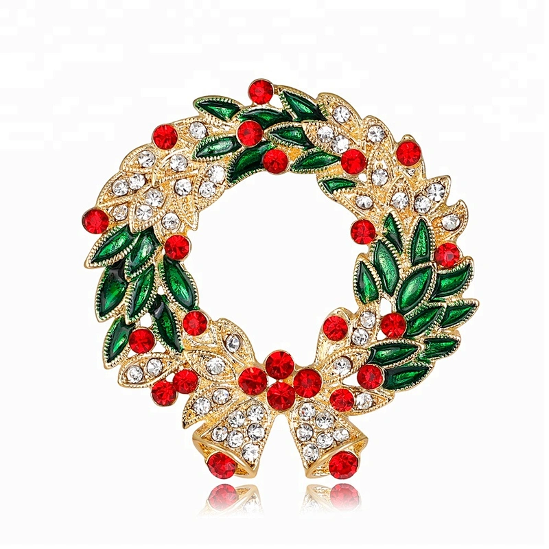 Factory Enamel Crystal Red Rhinestone Christmas Wreath Brooch with Hang Bell