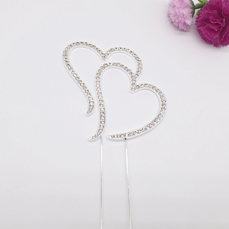 crystal rhinestone covered romantic double heart sweet wedding cake topper wholesale