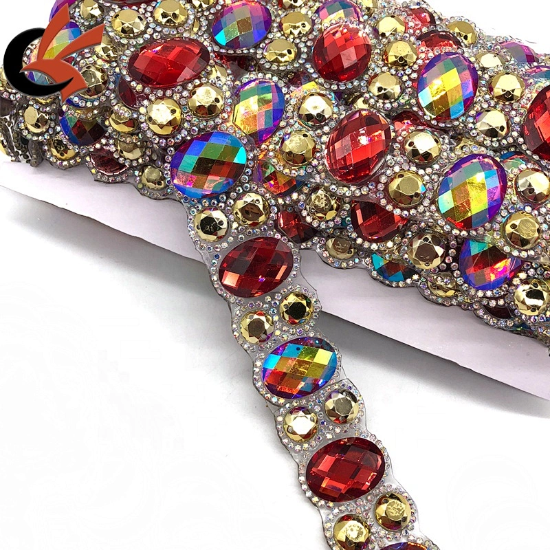 Hot red/red AB gold heat transfer rhinestone trims tape