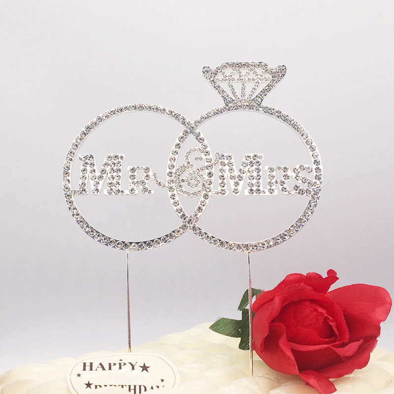 Custom wedding party cake decoration funny rhinestone wedding ring Mr & Mrs cake topper