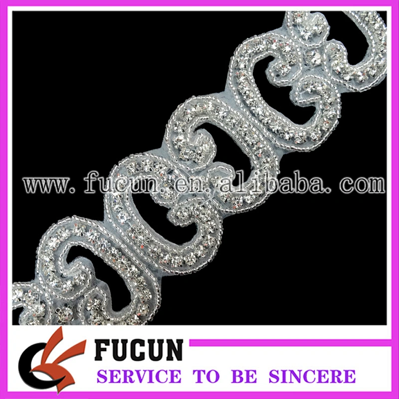 wholesale bridal beaded appliques for headband,silver rhinestone applique for sash