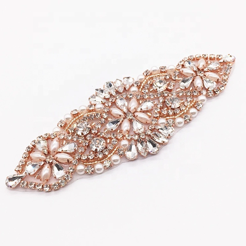Rose Gold Embroidery Patch Applique Stick Iron On Emblem Rhinestone Applique For Garment Accessories