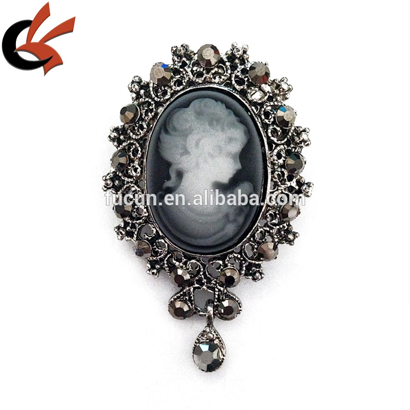 Lady Cameo Brooch, black Cameo Pin, Vintage Cameo Jewelry