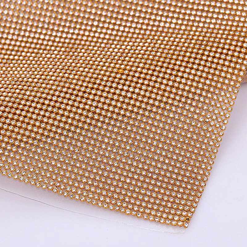 wholesale gold base  hot fix aluminum crystal rhinestone  mesh with glue for garment