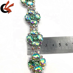 Unique light green AB crystal colors metal chain trimming for costume decoration
