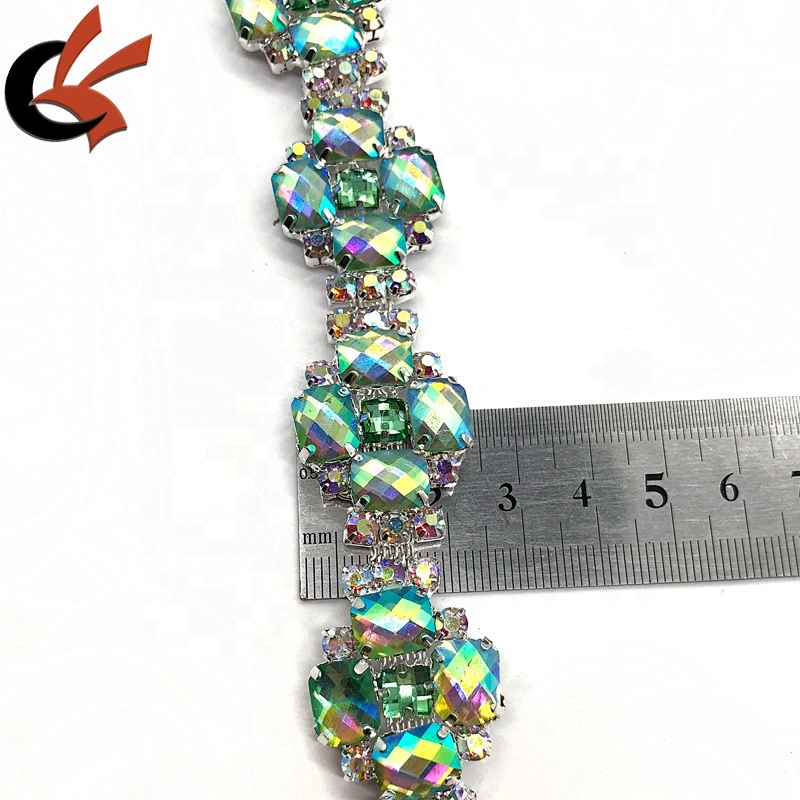Unique light green AB crystal colors metal chain trimming for costume decoration
