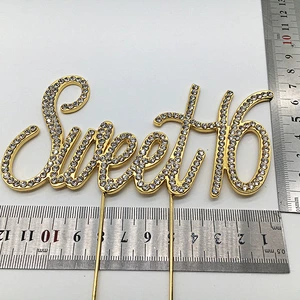 latest hot sale new product gold plating sweet 16 birthday decoration rhinestone cake topper