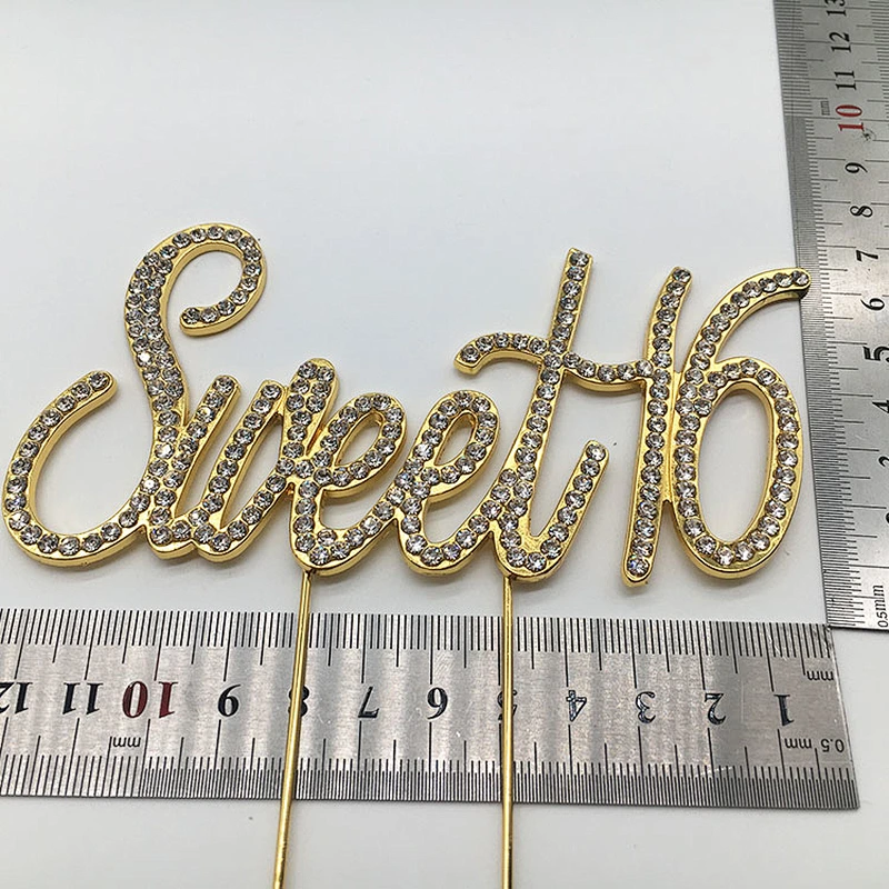 latest hot sale new product gold plating sweet 16 birthday decoration rhinestone cake topper
