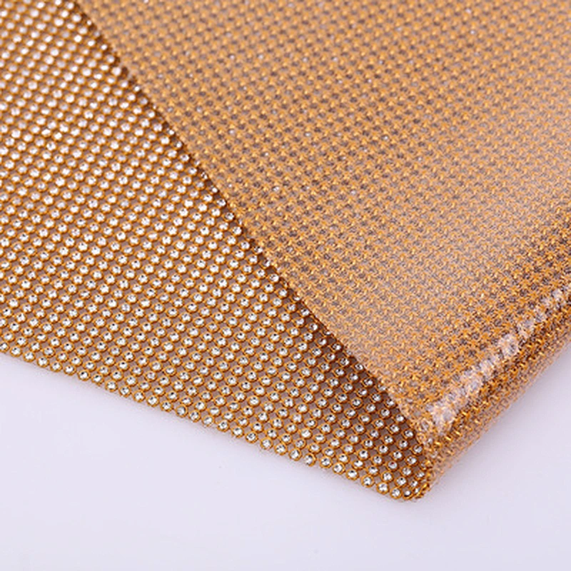 wholesale gold base  hot fix aluminum crystal rhinestone  mesh with glue for garment