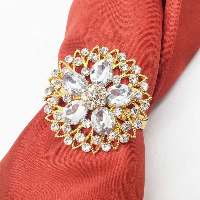 Elegant Table Decoration Glass Rhinestone Gold Bridal Wedding Floral Napkin Ring