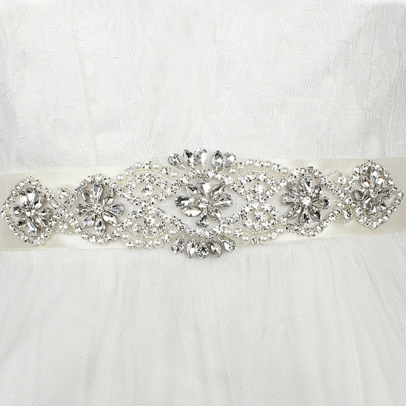 custom design glass beaded lace rhinestone trim applique sash belt for wedding dresses