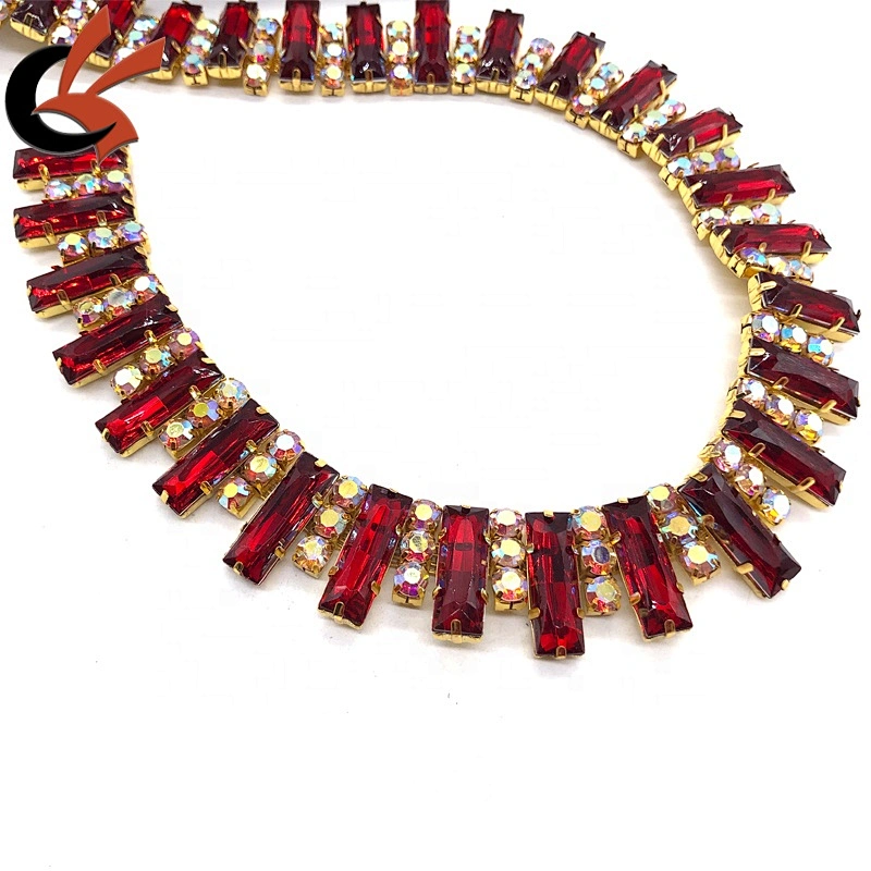 Costume Applique Red crystal rhinestone golden Trimming chain
