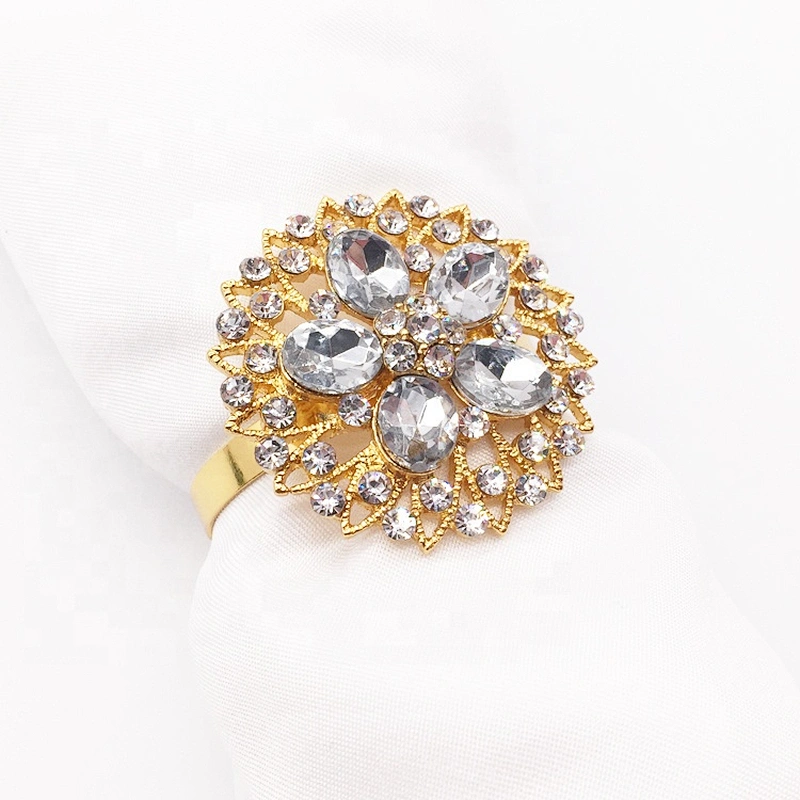 Elegant Table Decoration Glass Rhinestone Gold Bridal Wedding Floral Napkin Ring