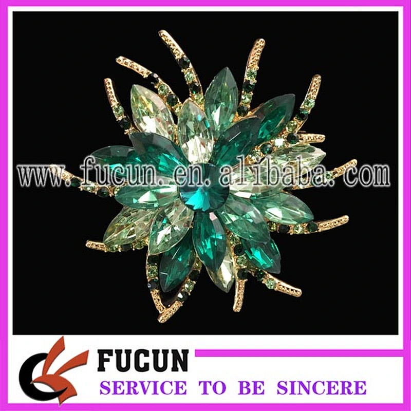 Factory custom handmade bulk fashion jewelry green lotus flower rhinestone brooches
