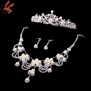 Elegent pearl Rhinestone drop Jewelry Set Crystal Wedding bride tiara,earings,necklace