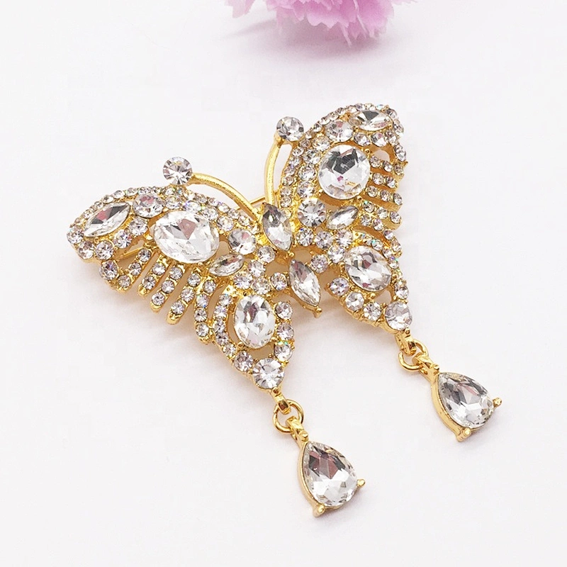 Clear Crystal Diamante Gold Plated Butterfly Brooch Pins for DIY Wedding Bridal Bouquets