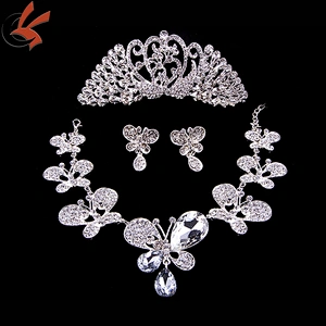 Alloy Silver Plated Rhinestone butterfly glass Necklace, Earrings,crown Bridal Wedding Jewelry Set