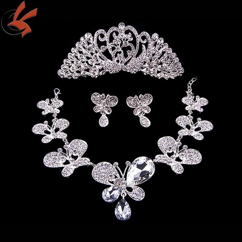 Alloy Silver Plated Rhinestone butterfly glass Necklace, Earrings,crown Bridal Wedding Jewelry Set
