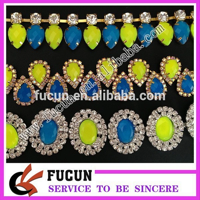 neon yellow and blue crystal rhinestone chain trimming
