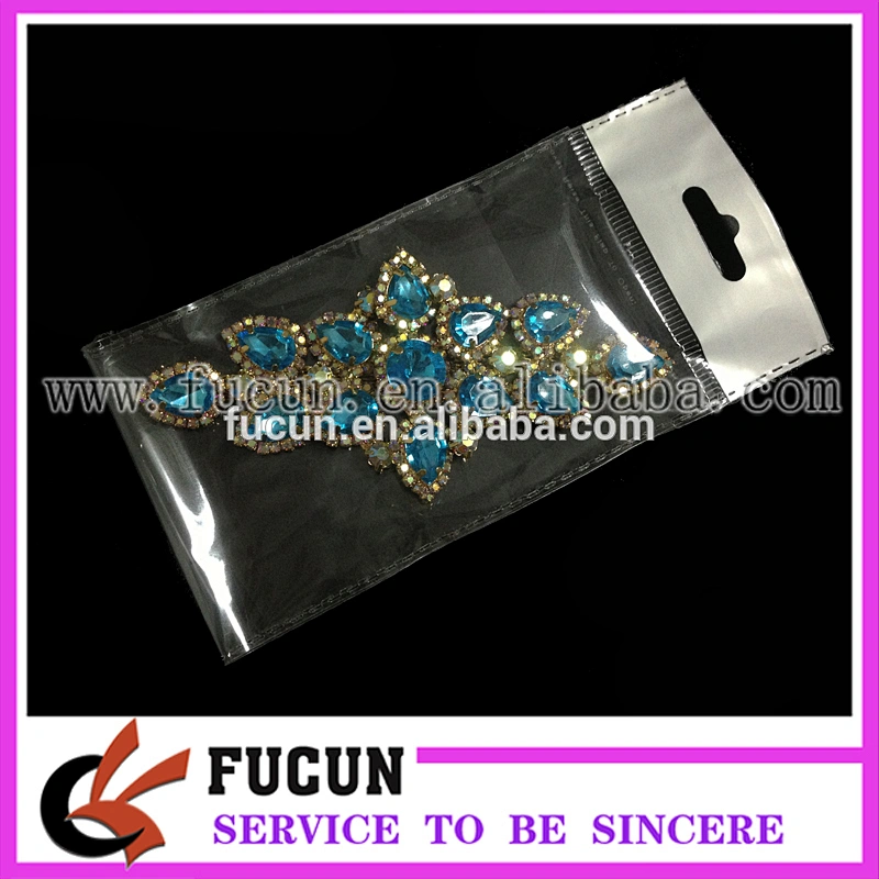 Gold base crystal beaded motif rhinestone applique for bridal