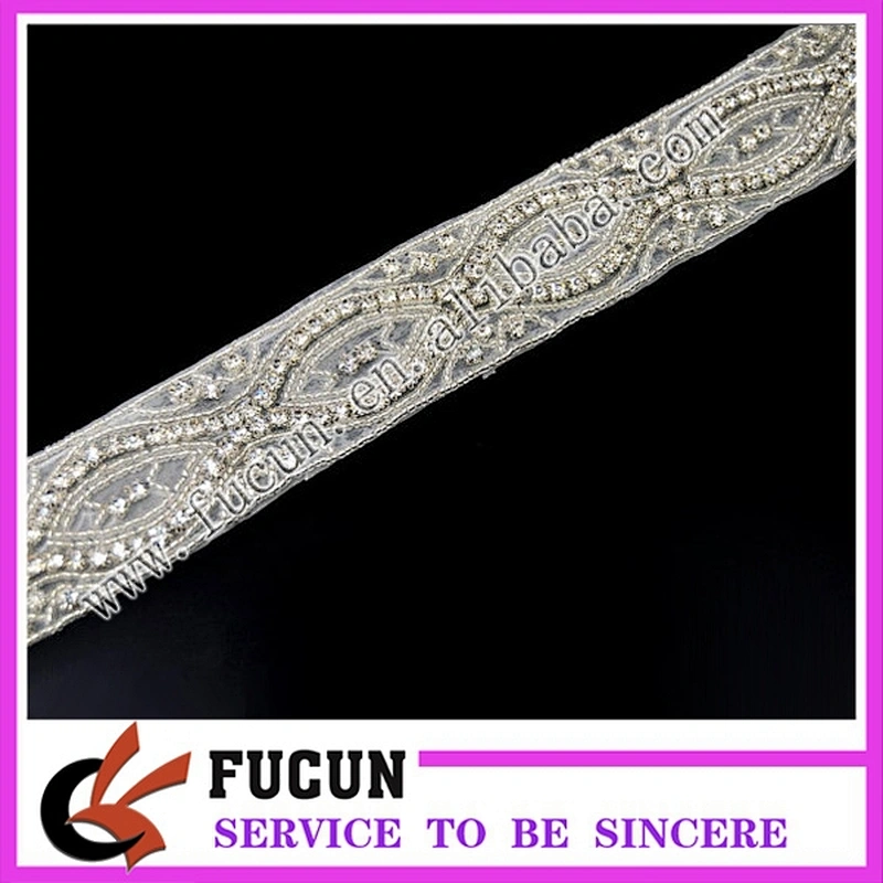 CLEAR BEADED CRYSTAL RHINESTONE APPLIQUE EMBELLISHMENT BRIDAL SASH
