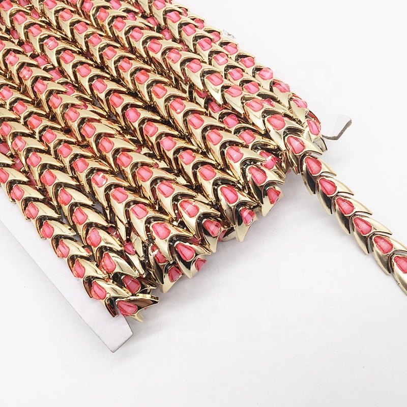 Customs Handmade Garment Gold Flexible Plastic Base Trimming Pink Gem Rhinestone Trims