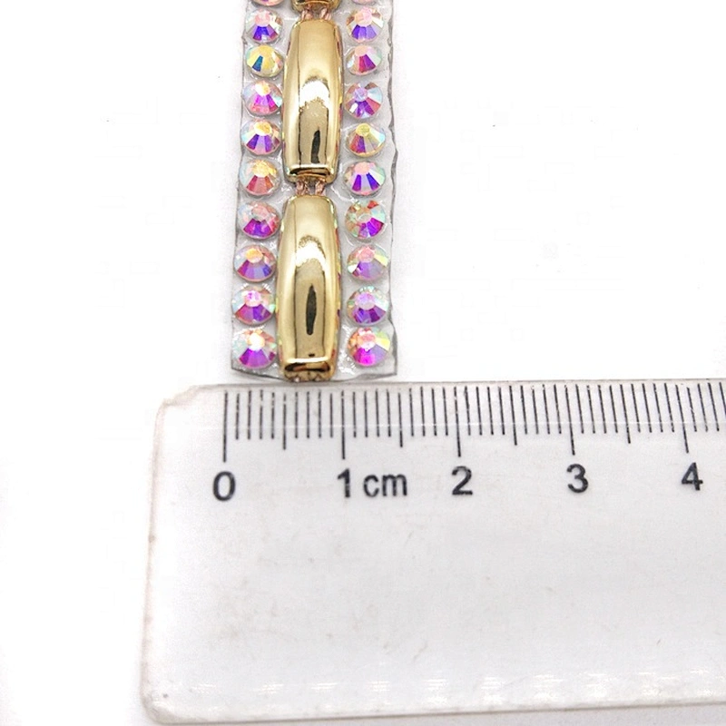 Custom Garment Decoration Trim Iron On Iridescent Resin Stone and Gold Plastic Trim