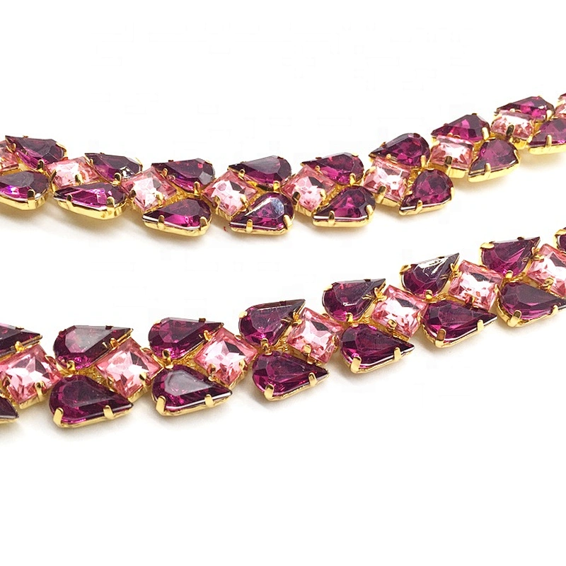 2020 New Design Mix Colour Purple Acrylic Rhinestone Lace Fabric Trim for Sewing Clothes