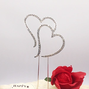 crystal rhinestone covered romantic double heart sweet wedding cake topper wholesale