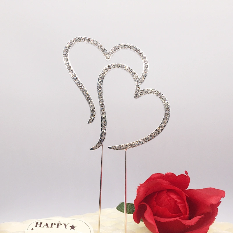 crystal rhinestone covered romantic double heart sweet wedding cake topper wholesale