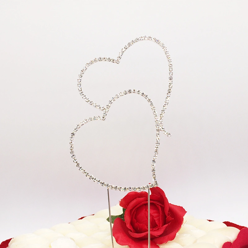 Delicate Two Double Hearts Decoration Wedding Engagement Rhinestone Crystal Cake Toppers