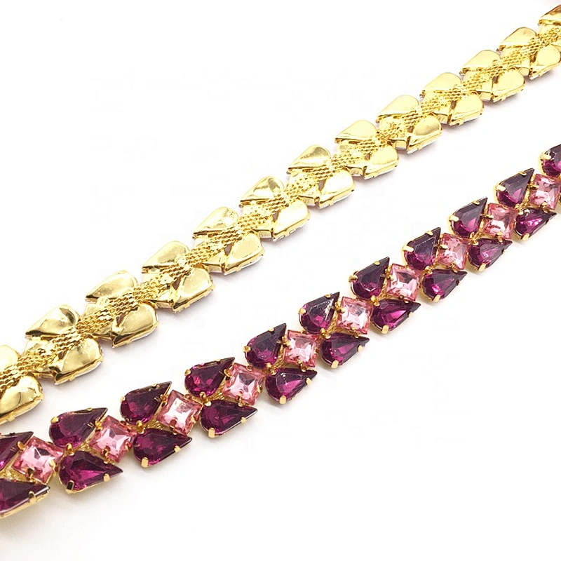 2020 New Design Mix Colour Purple Acrylic Rhinestone Lace Fabric Trim for Sewing Clothes