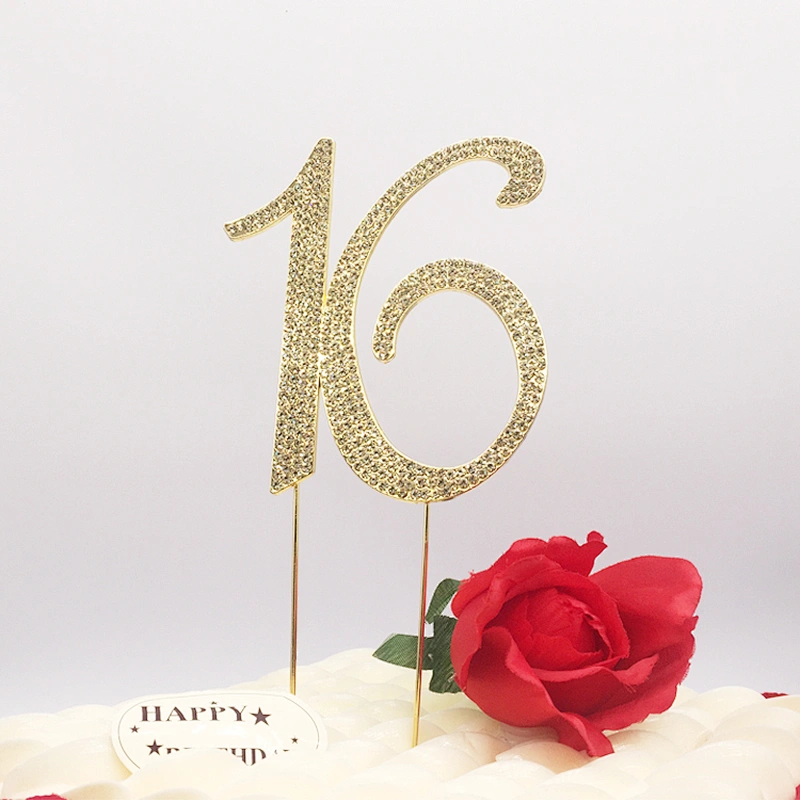Favors Number 16 Gold Rhinestone Birthday Cake Topper Pick