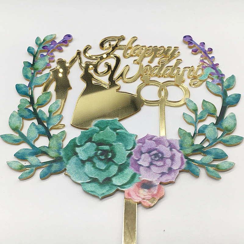 acrylic gold mirror happy wedding cake topper for wedding Party decoration