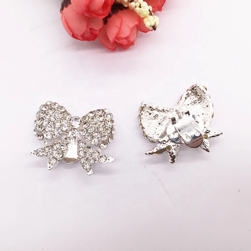 Custom shoe accessories silver bowknot crystal rhinestone shoe buckle clips
