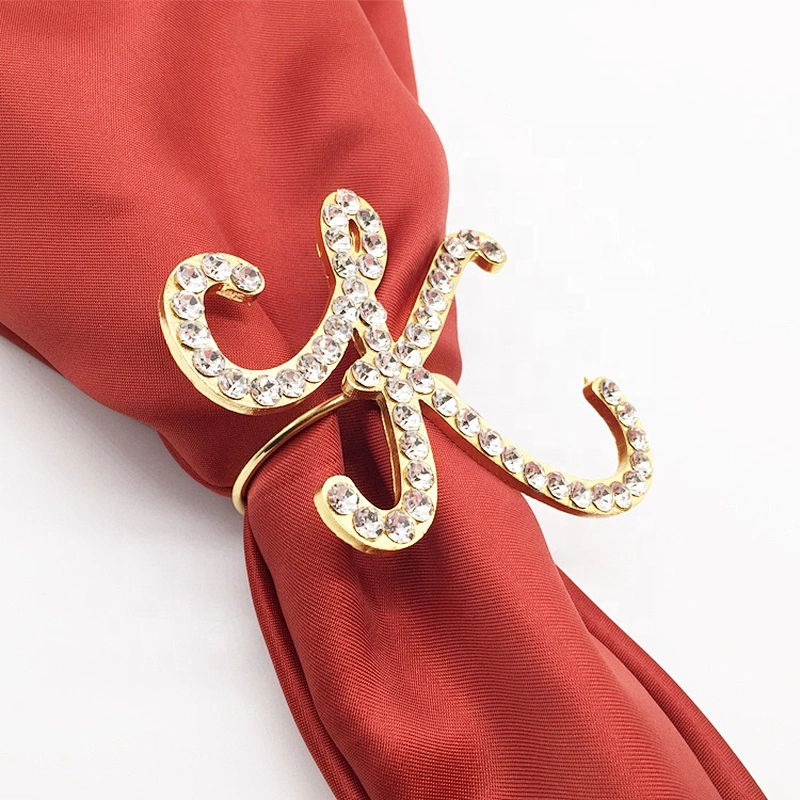 Custom crystal metal gold initial napkin ring rhinestone letter napkin ring for wedding decoration