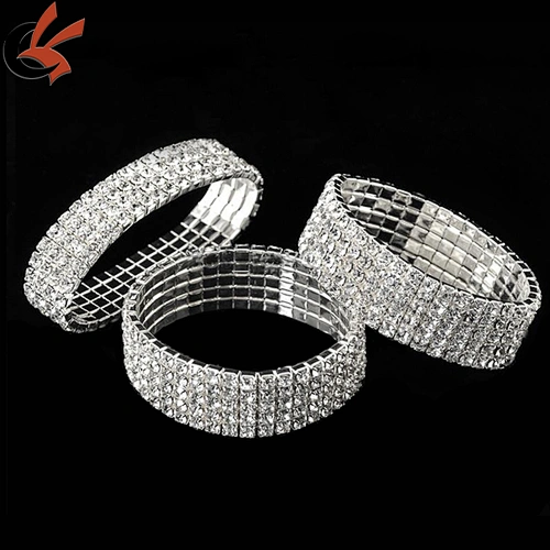 Sparkly silver alloy clear rhinestone elastic bracelet for wedding