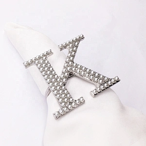 2020 New Custom Fashion Alloy Metal Type Initial Letter K Pearl Rhinestone Stock Napkin Ring