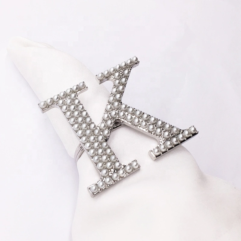 2020 New Custom Fashion Alloy Metal Type Initial Letter K Pearl Rhinestone Stock Napkin Ring