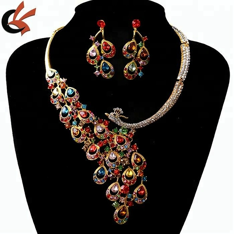China style Red rhinestone gold plating peacock Jewelry Set Necklace Earrings Set