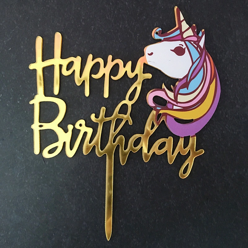 Lovely Printed Unicorn Acrylic Happy Birthday Cake Topper in Gold