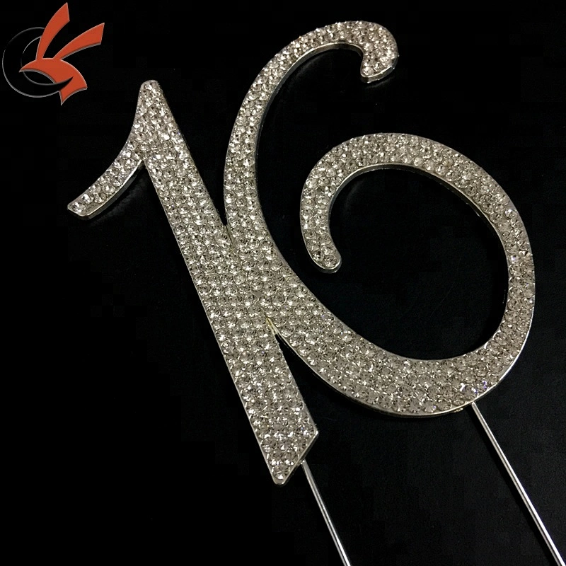 Large Rhinestone Silver Crystal Sweet Sixteen 16 Birthday Number Cake Topper