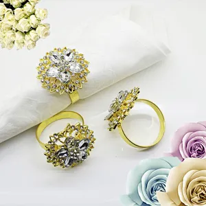 Fancy metallic gold plating wedding flower rhinestone diamond napkin rings for Napkin Decoration