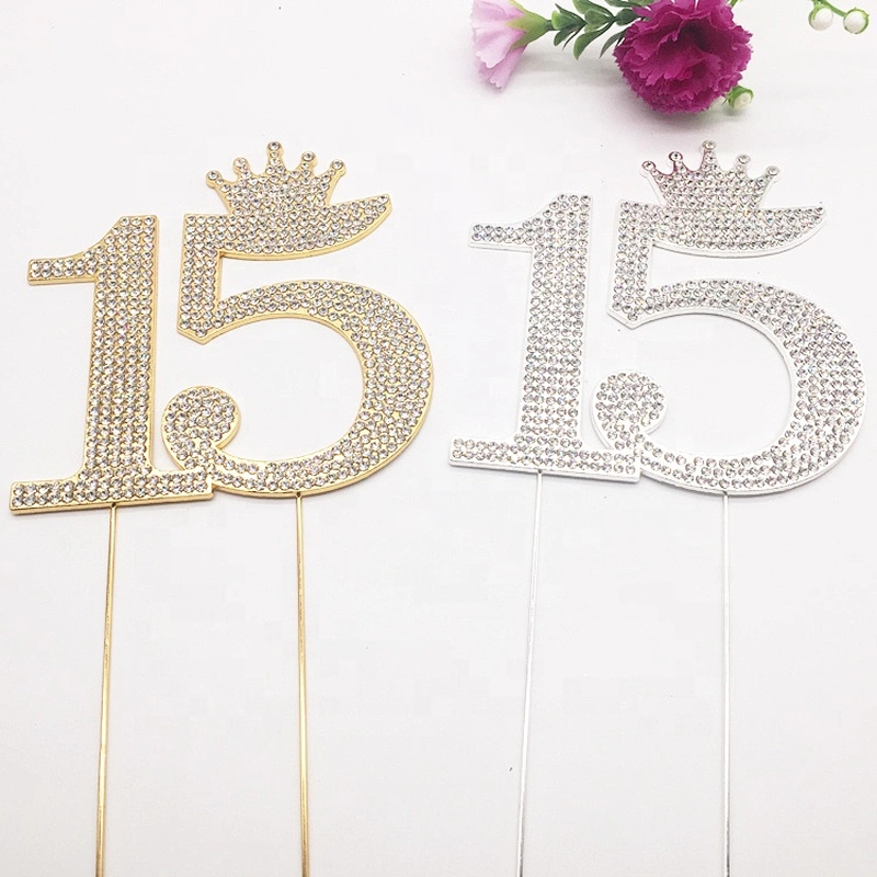 Silver and Gold Crystal Rhinestone 15th Happy Birthday Tiara Crown Cake Topper