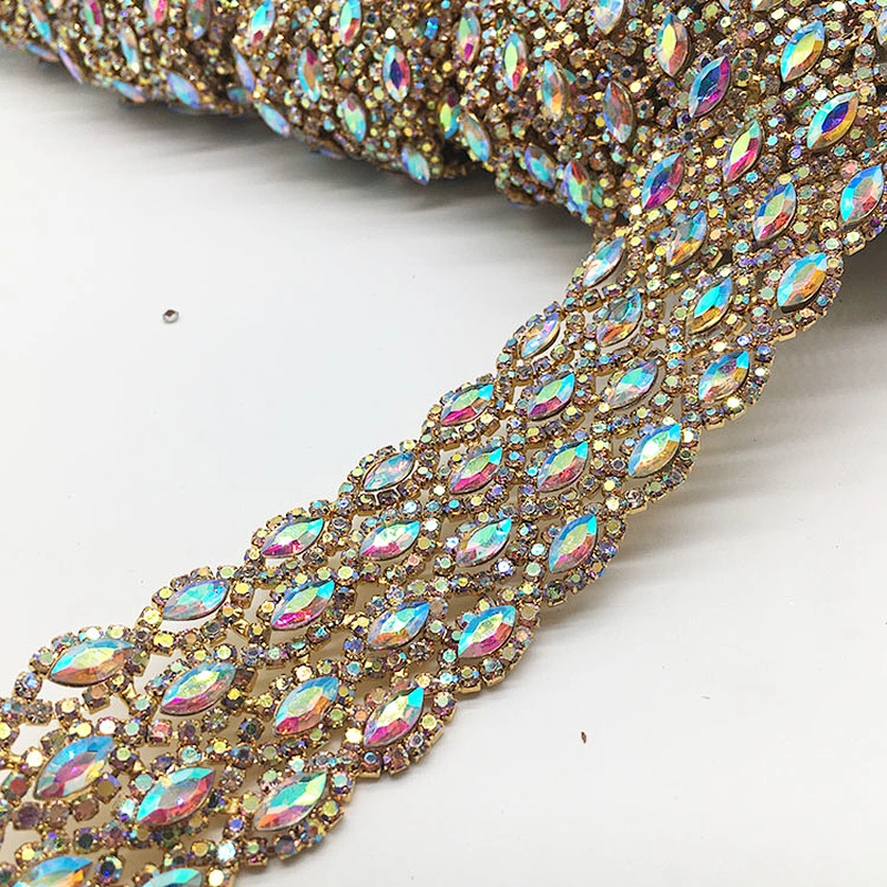 2019 fashion bulk gold plating AB stone rhinestone trimming by yard for garment
