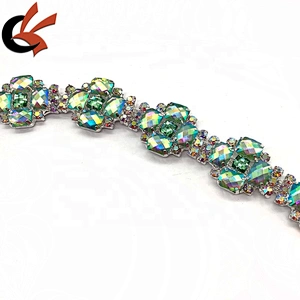 Unique light green AB crystal colors metal chain trimming for costume decoration